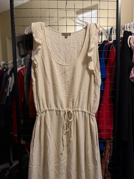 Lilla P Dresses & Skirts - Lilla P Linen Blend Dress Large Oatmeal Ivory Sleeveless Ruffle Trim Drawstring